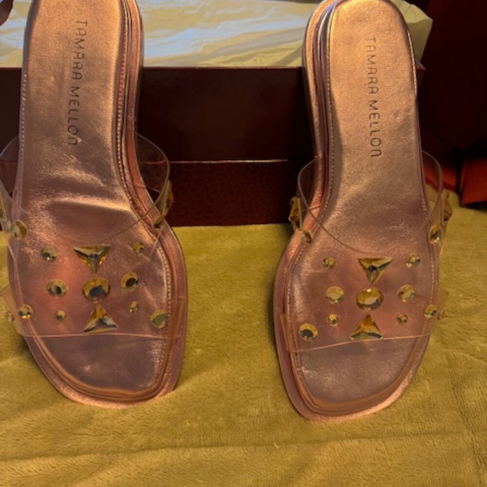 Tamara Mellon Leather Metallic Pink Slides 7M